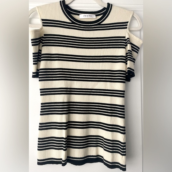 FRAME WOMENS RUBBED STRIPED CUTOUT SHOULDER TOP - Picture 1 of 4